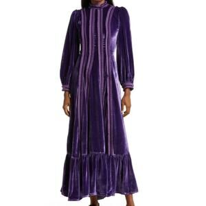 Lisou NWT GIGI Ruffle Long Sleeve Velvet Maxi Dress Deep Purple Size 6 Retro